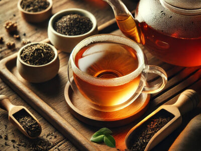 چیدمان زیبا برای دم‌آوری چای با برگ‌های چای و لوازم سنتی