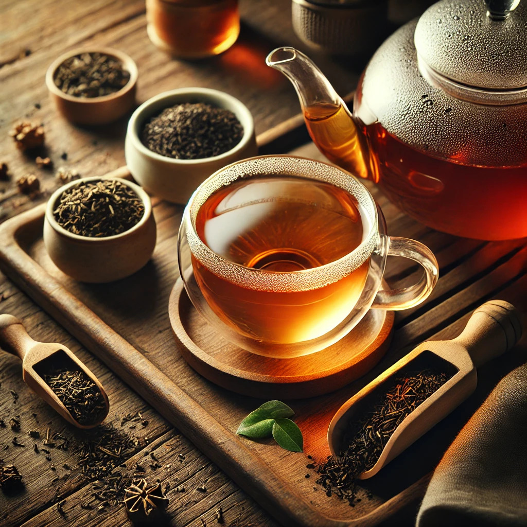 چیدمان زیبا برای دم‌آوری چای با برگ‌های چای و لوازم سنتی