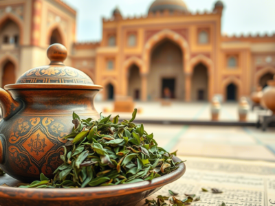 قوری چای در کنار برگ های چای