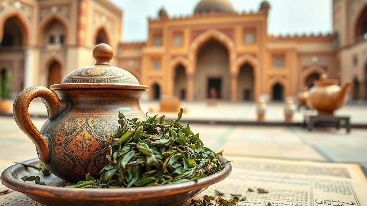 قوری چای در کنار برگ های چای