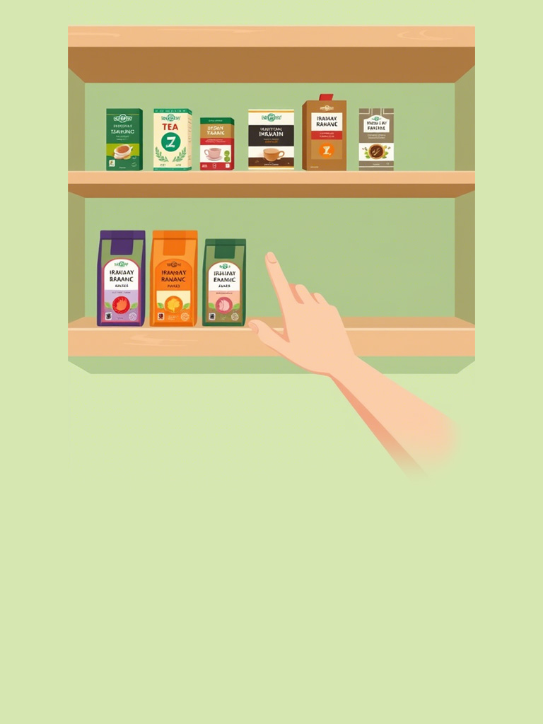 قفسه‌ای از بسته‌های متنوع چای ایرانی با دست در حال انتخاب یک بسته، پس‌زمینه پاستلی سبز.