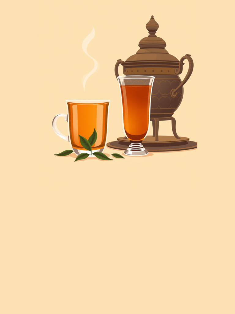 تصویری از یک قوری چای سنتی ایرانی در کنار یک فنجان چای داغ با بخار ملایم، پس‌زمینه پاستلی قرمز.