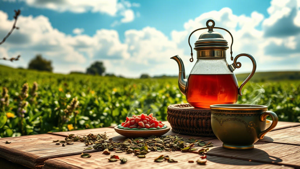 قوری و فنجان چای در کنار مزرعه چای سرسبز