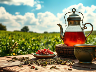 قوری و فنجان چای در کنار مزرعه چای سرسبز