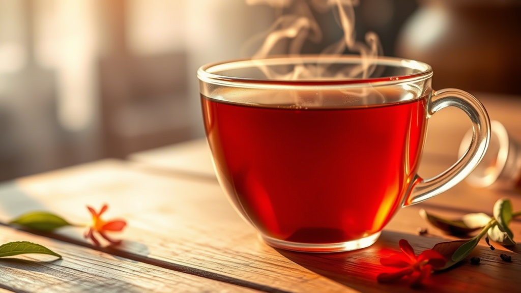 یک تصویر نزدیک از یک فنجان چای ایرانی داغ با رنگ کهربایی عمیق، نماد خلوص و کیفیت طبیعی، که با نور طبیعی نرم احاطه شده و عناصری از سلامتی و تازگی در اطراف آن قرار دارند.