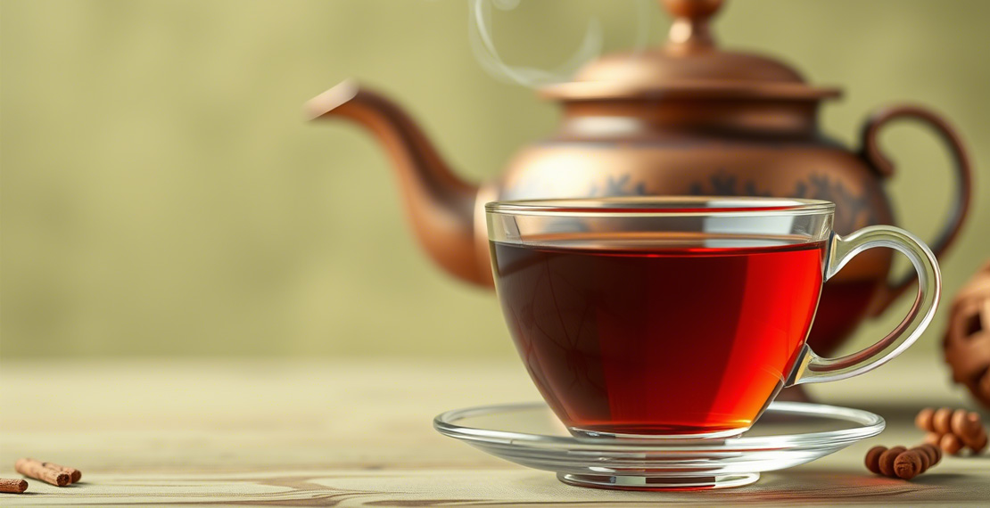 تصویری از یک فنجان چای تازه‌دم ایرانی در لیوان شفاف، همراه با قوری سنتی در پس‌زمینه، بخار چای که به آرامی بالا می‌رود و فضای طبیعی و گرم با پس‌زمینه‌ی ملایم