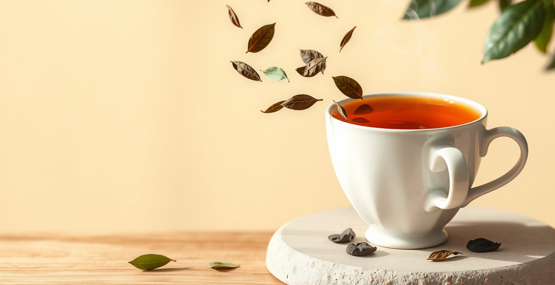 تصویری از یک فنجان چای ایرانی با رنگ کهربایی عمیق، همراه با برگ‌های چای تازه که در هوا معلق هستند، روی یک سطح چوبی طبیعی با پس‌زمینه‌ی ملایم و گرم
